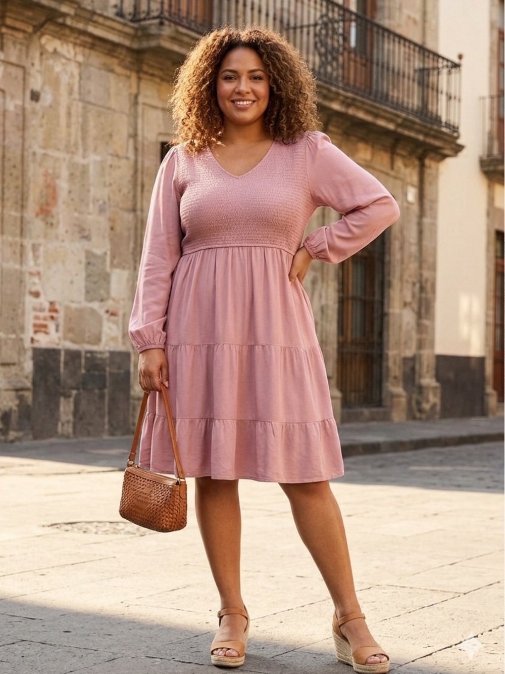 ZESICA Dusty Pink Smocked V-Neck Tiered Mini Dress XL Boho Long Sleeve.